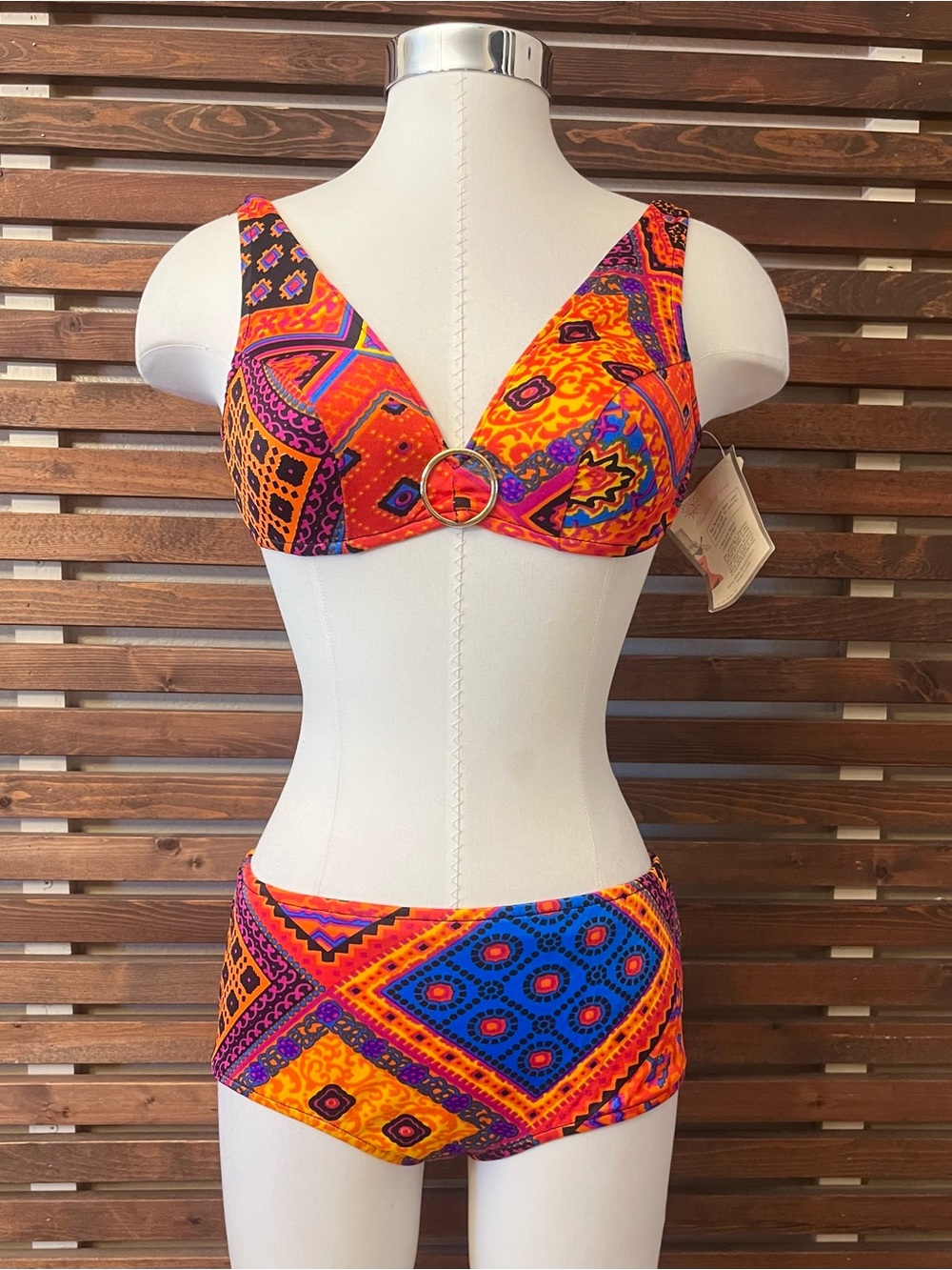 1960s 1970s Deadstock NWT Vintage 2 Pc Multicolored O-Ring Bikini Top Swimsuit